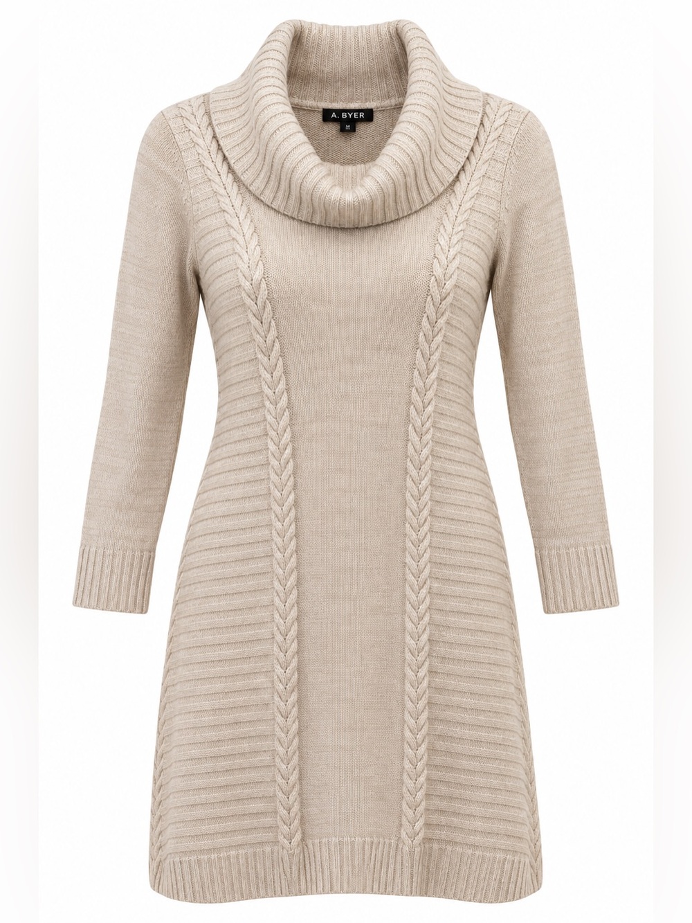 A. Byer Cowl Neck Longline Sweater M Oatmeal Cream Chunky Knit Tunic Y2K